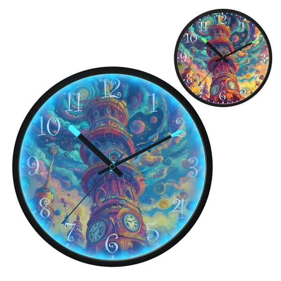 Voice Activated Clock with Glow Light 12 Inch Large Silent Wall Clock Battery Operated for Home Decor Psychedelic Tower