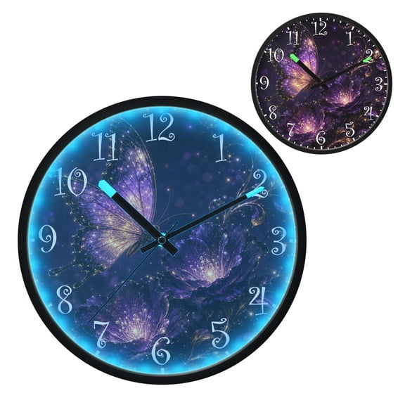 Voice Activated Clock with Glow Light 12 Inch Large Silent Wall Clock Battery Operated for Home Decor Purple Butterflies and Flowers