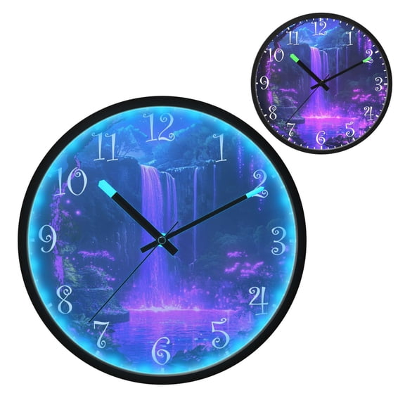 Voice Activated Clock with Glow Light 12 Inch Large Silent Wall Clock Battery Operated for Home Decor Purple Neon Waterfall