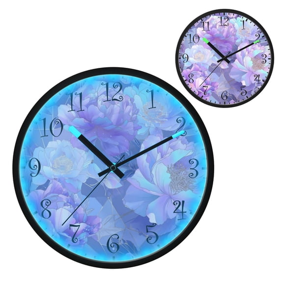 Voice Activated Clock with Glow Light 12 Inch Large Silent Wall Clock Battery Operated for Home Decor Purple Peony Flower