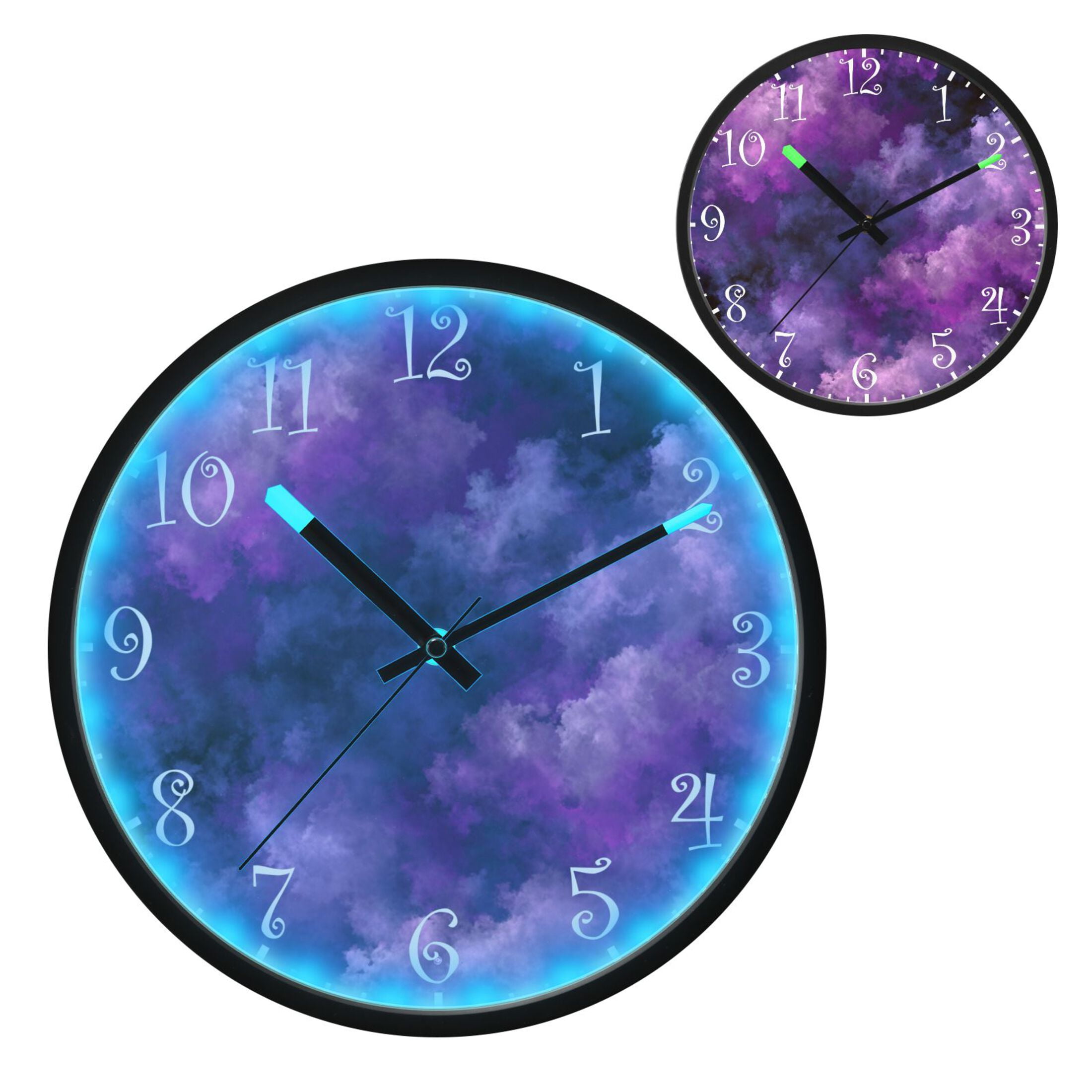Voice Activated Clock with Glow Light 12 Inch Large Silent Wall Clock Battery Operated for Home Decor Purple and Black Tie-dye Texture