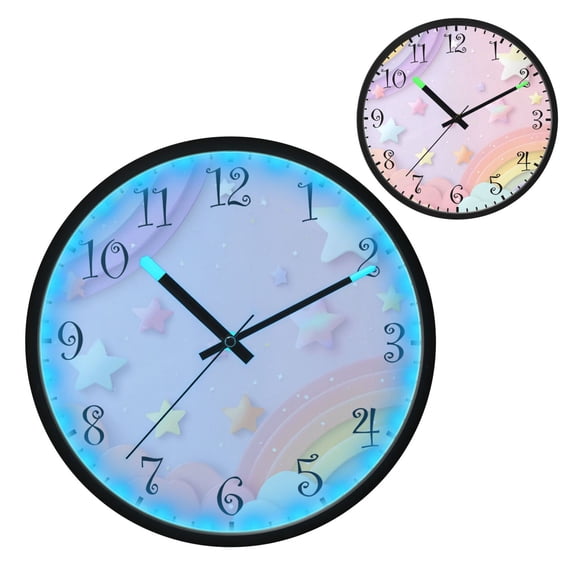 Voice Activated Clock with Glow Light 12 Inch Large Silent Wall Clock Battery Operated for Home Decor Rainbow Stars and Cloud Pattern