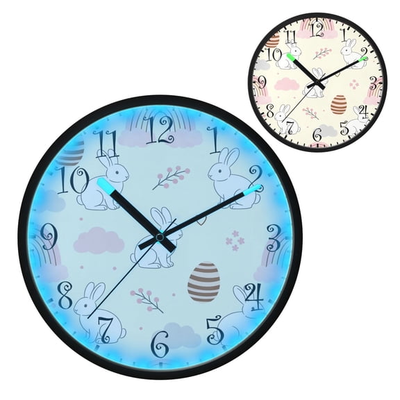 Voice Activated Clock with Glow Light 12 Inch Large Silent Wall Clock Battery Operated for Home Decor Rainbow and Rabbit Pattern