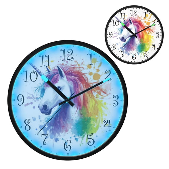 Voice Activated Clock with Glow Light 12 Inch Large Silent Wall Clock Battery Operated for Home Decor Rainbow-colored Unicorn