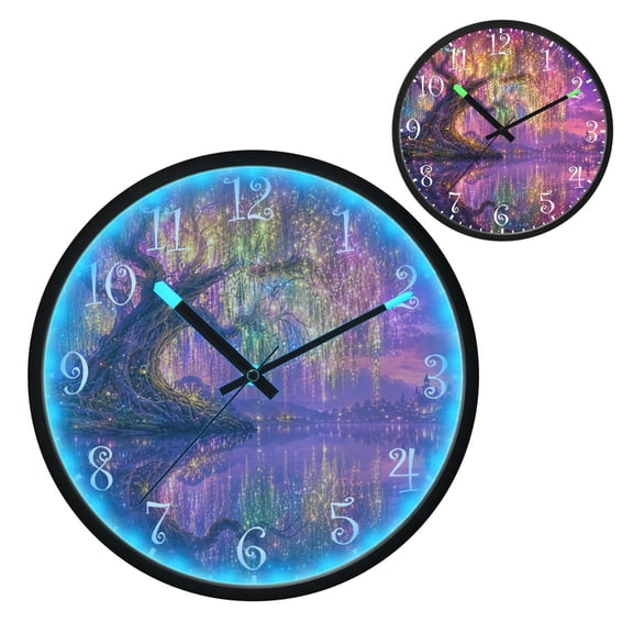 Voice Activated Clock with Glow Light 12 Inch Large Silent Wall Clock Battery Operated for Home Decor Rainbow-hued Weeping Willow
