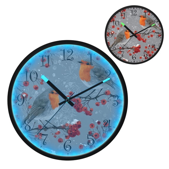Voice Activated Clock with Glow Light 12 Inch Large Silent Wall Clock Battery Operated for Home Decor Red Berries and Robin Birds