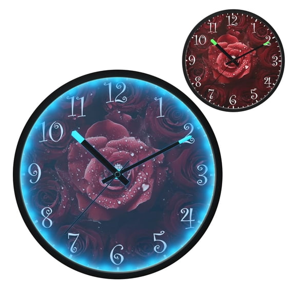 Voice Activated Clock with Glow Light 12 Inch Large Silent Wall Clock Battery Operated for Home Decor Red Rose Arrangements