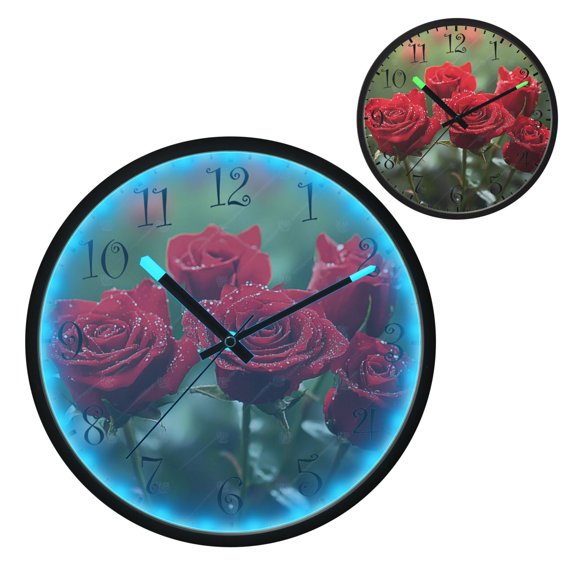 Voice Activated Clock with Glow Light 12 Inch Large Silent Wall Clock Battery Operated for Home Decor Red Roses with Water Droplets