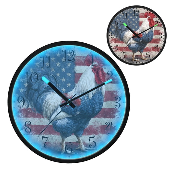 Voice Activated Clock with Glow Light 12 Inch Large Silent Wall Clock Battery Operated for Home Decor Red White and Blue Rooster