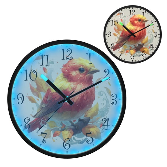 Voice Activated Clock with Glow Light 12 Inch Large Silent Wall Clock Battery Operated for Home Decor Red and Yellow Bird