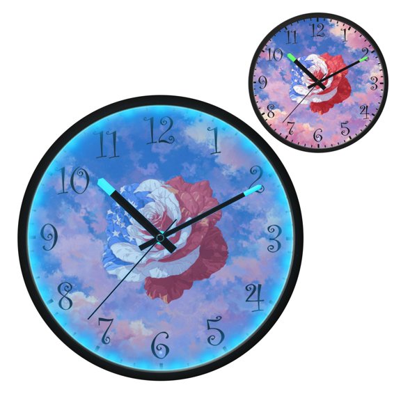 Voice Activated Clock with Glow Light 12 Inch Large Silent Wall Clock Battery Operated for Home Decor Rose with Flag Pattern