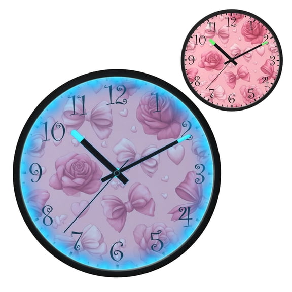 Voice Activated Clock with Glow Light 12 Inch Large Silent Wall Clock Battery Operated for Home Decor Roses and Bows Pattern