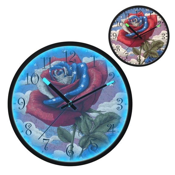 Voice Activated Clock with Glow Light 12 Inch Large Silent Wall Clock Battery Operated for Home Decor Roses and Clouds