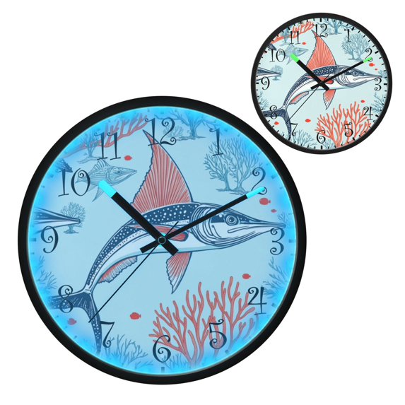 Voice Activated Clock with Glow Light 12 Inch Large Silent Wall Clock Battery Operated for Home Decor Sailfish and Coral Reef