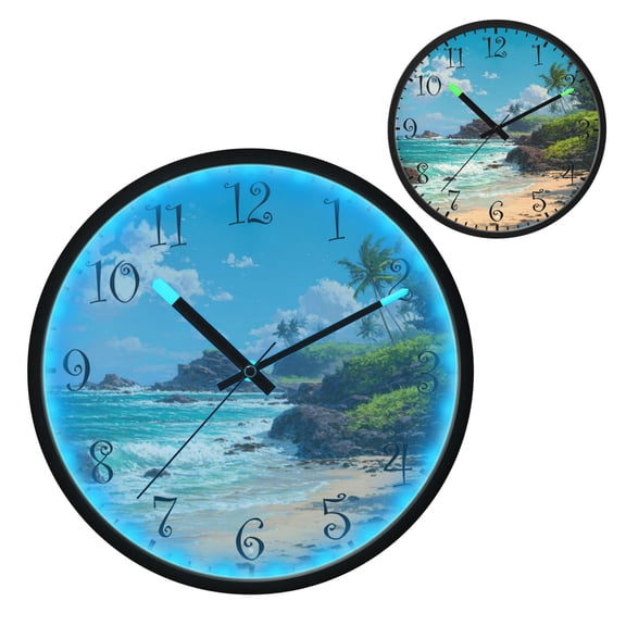 Voice Activated Clock with Glow Light 12 Inch Large Silent Wall Clock Battery Operated for Home Decor Serene Beach Scene