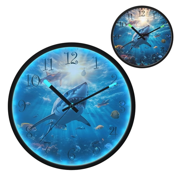 Voice Activated Clock with Glow Light 12 Inch Large Silent Wall Clock Battery Operated for Home Decor Shark Swimming in The Ocean