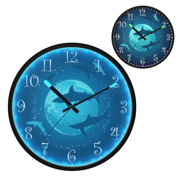 Voice Activated Clock with Glow Light 12 Inch Large Silent Wall Clock Battery Operated for Home Decor Sharks Swimming Around The Planet Earth