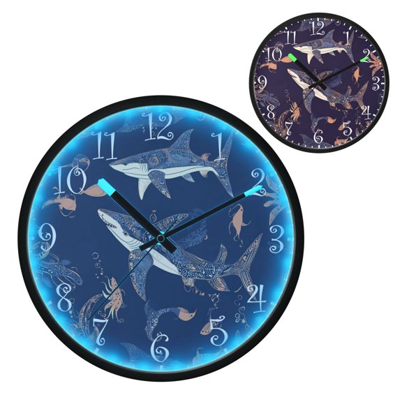 Voice Activated Clock with Glow Light 12 Inch Large Silent Wall Clock Battery Operated for Home Decor Sharks and Fish Pattern
