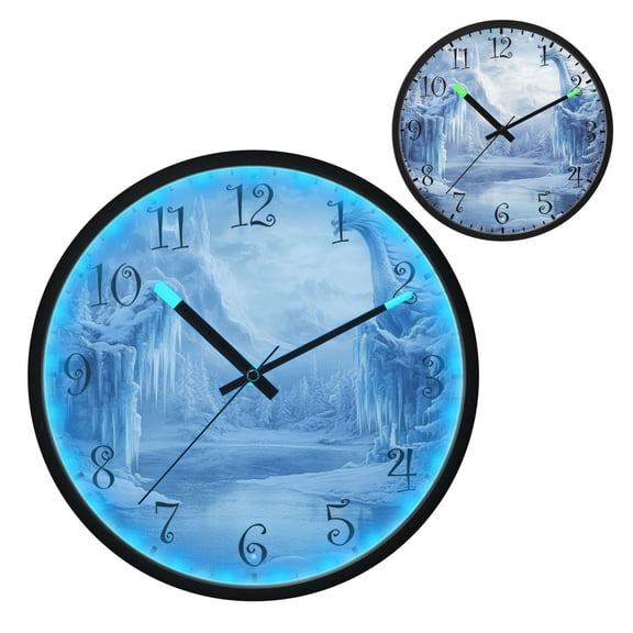 Voice Activated Clock with Glow Light 12 Inch Large Silent Wall Clock Battery Operated for Home Decor Snow-covered Scene