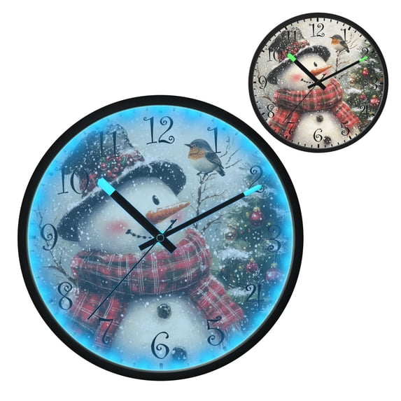 Voice Activated Clock with Glow Light 12 Inch Large Silent Wall Clock Battery Operated for Home Decor Snowman and Bird