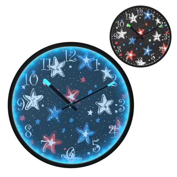 Voice Activated Clock with Glow Light 12 Inch Large Silent Wall Clock Battery Operated for Home Decor Stars Doodle Pattern