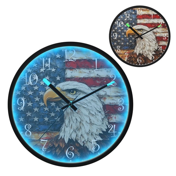 Voice Activated Clock with Glow Light 12 Inch Large Silent Wall Clock Battery Operated for Home Decor Strong Bald Eagle