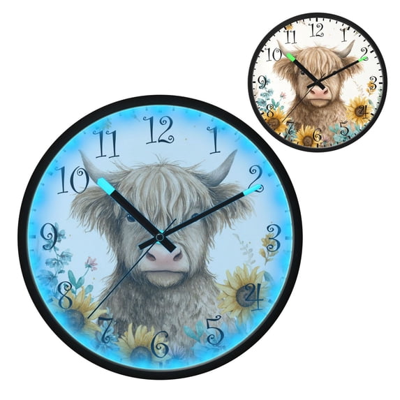 Voice Activated Clock with Glow Light 12 Inch Large Silent Wall Clock Battery Operated for Home Decor Sunflowers and Highland Cow