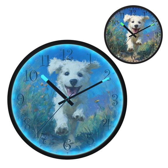 Voice Activated Clock with Glow Light 12 Inch Large Silent Wall Clock Battery Operated for Home Decor The Dog Is Running