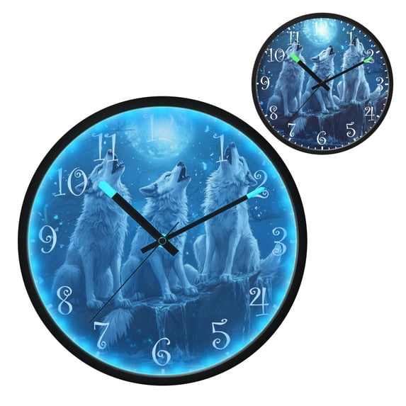 Voice Activated Clock with Glow Light 12 Inch Large Silent Wall Clock Battery Operated for Home Decor Three Blue Wolves