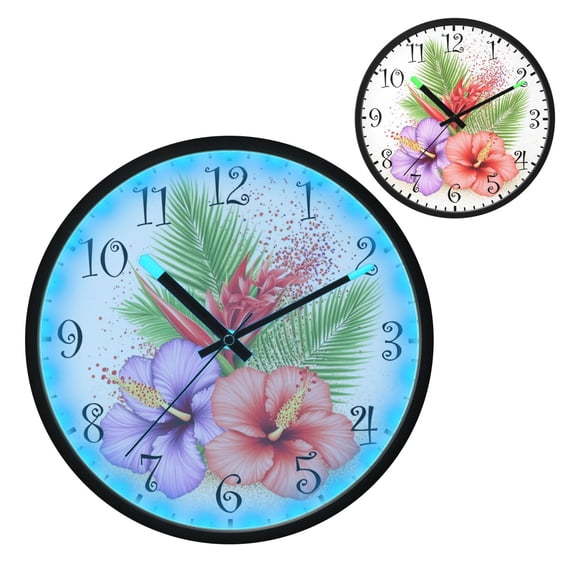 Voice Activated Clock with Glow Light 12 Inch Large Silent Wall Clock Battery Operated for Home Decor Tropical Flower Arrangement
