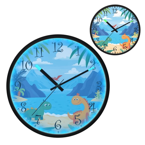 Voice Activated Clock with Glow Light 12 Inch Large Silent Wall Clock Battery Operated for Home Decor Two Dinosaurs