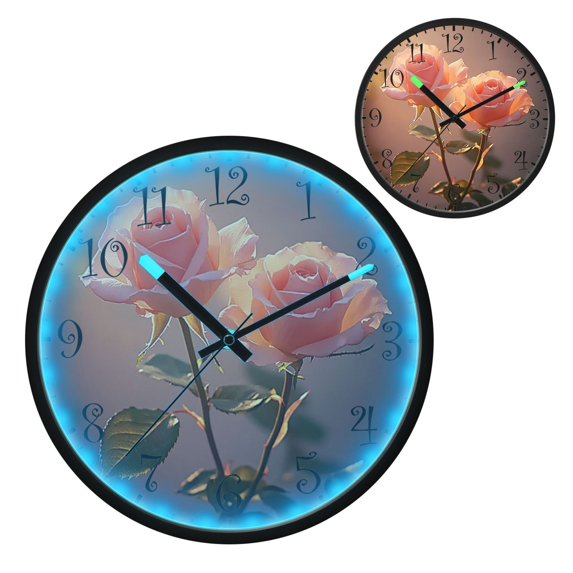 Voice Activated Clock with Glow Light 12 Inch Large Silent Wall Clock Battery Operated for Home Decor Two Pink Roses