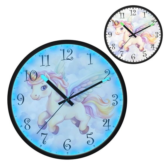 Voice Activated Clock with Glow Light 12 Inch Large Silent Wall Clock Battery Operated for Home Decor Unicorn with Wings
