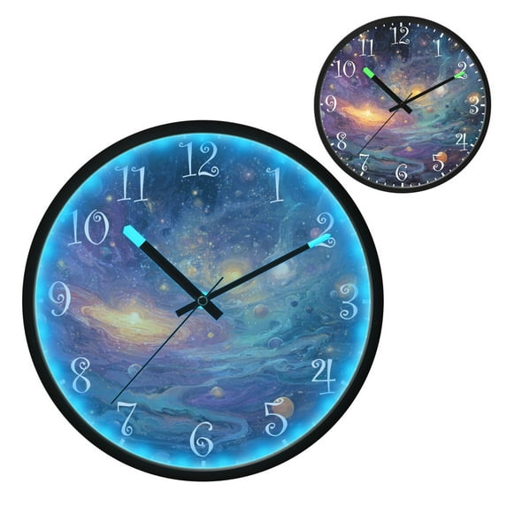 Voice Activated Clock with Glow Light 12 Inch Large Silent Wall Clock Battery Operated for Home Decor Vibrant and Colorful Universe