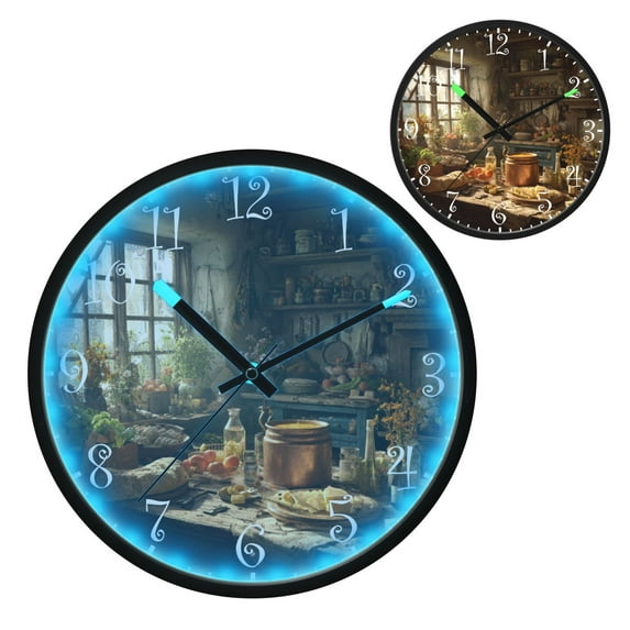 Voice Activated Clock with Glow Light 12 Inch Large Silent Wall Clock Battery Operated for Home Decor Vintage Kitchen Scene