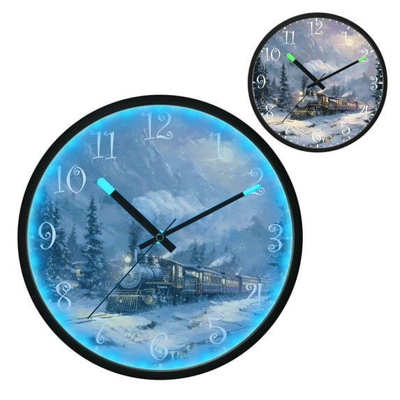 Voice Activated Clock with Glow Light 12 Inch Large Silent Wall Clock Battery Operated for Home Decor Vintage-style Christmas Train