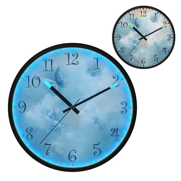 Voice Activated Clock with Glow Light 12 Inch Large Silent Wall Clock Battery Operated for Home Decor Watercolor Blue Butterflies