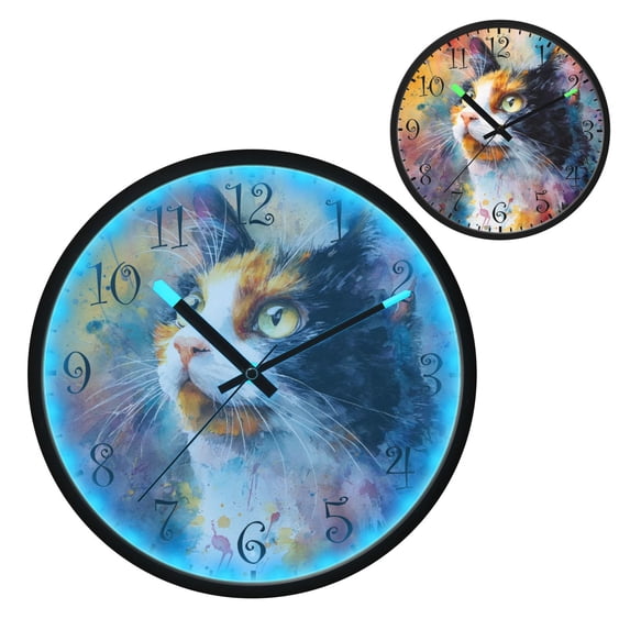 Voice Activated Clock with Glow Light 12 Inch Large Silent Wall Clock Battery Operated for Home Decor Watercolor Calico Cat