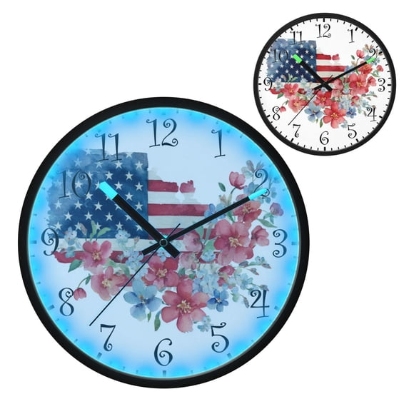 Voice Activated Clock with Glow Light 12 Inch Large Silent Wall Clock Battery Operated for Home Decor Watercolor Flag with Flowers