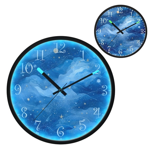 Voice Activated Clock with Glow Light 12 Inch Large Silent Wall Clock Battery Operated for Home Decor Watercolor Night Sky