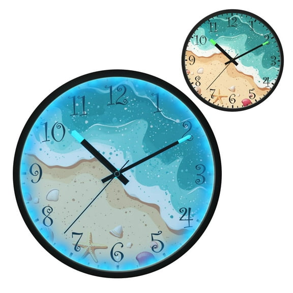 Voice Activated Clock with Glow Light 12 Inch Large Silent Wall Clock Battery Operated for Home Decor Waves and Seashells