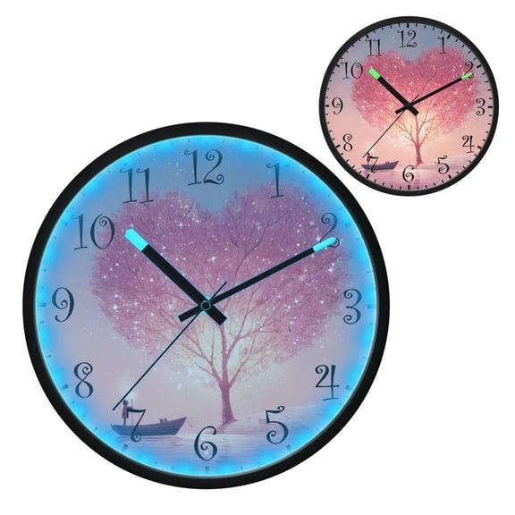 Voice Activated Clock with Glow Light 12 Inch Large Silent Wall Clock Battery Operated for Home Decor Whimsical Heart-shaped Tree