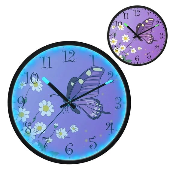 Voice Activated Clock with Glow Light 12 Inch Large Silent Wall Clock Battery Operated for Home Decor White Flowers and Purple Butterflies