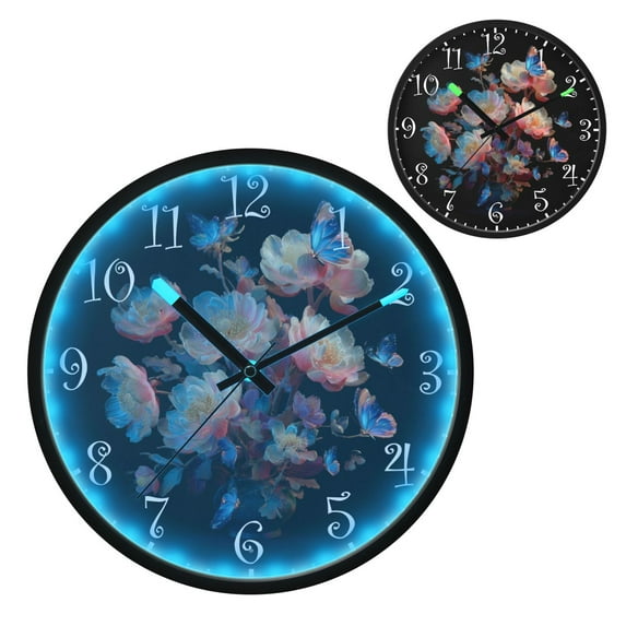 Voice Activated Clock with Glow Light 12 Inch Large Silent Wall Clock Battery Operated for Home Decor White Flowers with Blue Butterflies