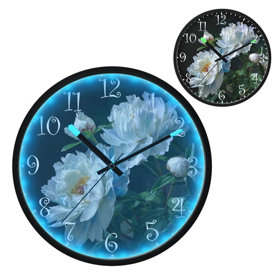 Voice Activated Clock with Glow Light 12 Inch Large Silent Wall Clock Battery Operated for Home Decor White Peony Flower