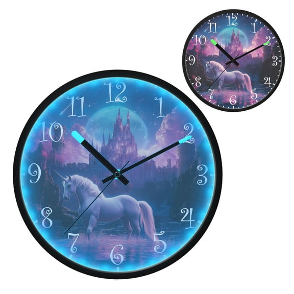 Voice Activated Clock with Glow Light 12 Inch Large Silent Wall Clock Battery Operated for Home Decor White Unicorn and Castle