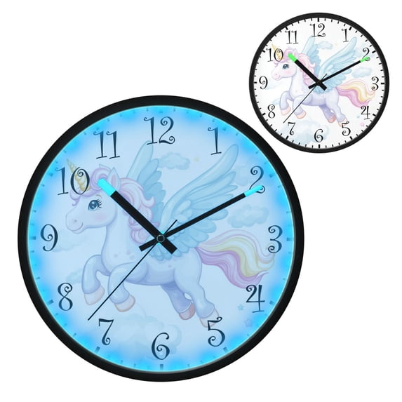 Voice Activated Clock with Glow Light 12 Inch Large Silent Wall Clock Battery Operated for Home Decor White Unicorn with Wings