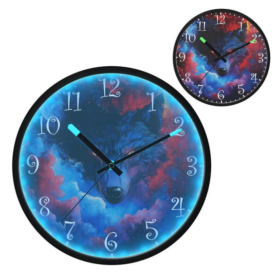 Voice Activated Clock with Glow Light 12 Inch Large Silent Wall Clock Battery Operated for Home Decor Wolf Face and Moon
