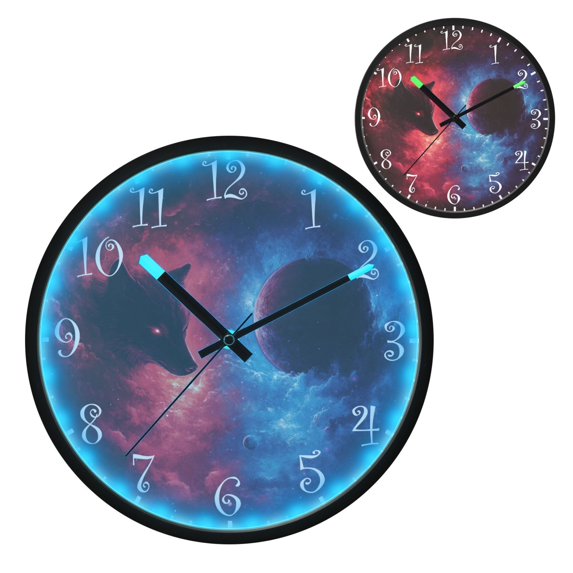 Voice Activated Clock with Glow Light 12 Inch Large Silent Wall Clock Battery Operated for Home Decor Wolf and Planet