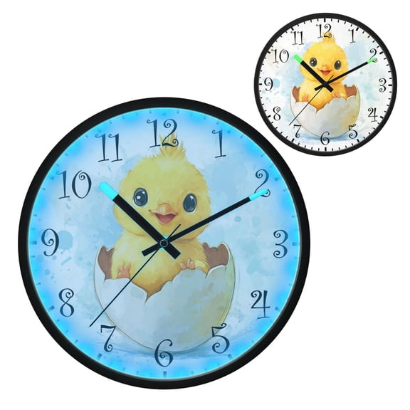 Voice Activated Clock with Glow Light 12 Inch Large Silent Wall Clock Battery Operated for Home Decor Yellow Cute Chick